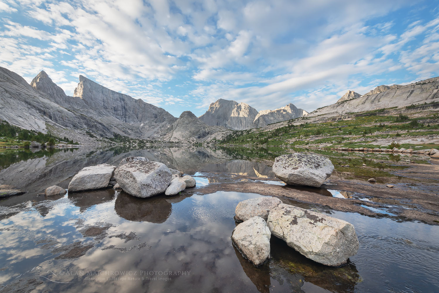 East Temple and Temple Peaks reflected in Deep Lake. Bridger Wilderness Wind River Range Wyoming #78599