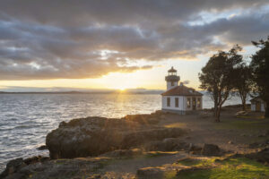 Sunset over Lime Kiln Lighthouse and Haro Strait. Lime Kiln Point State Park San Juan Island Washington #79304