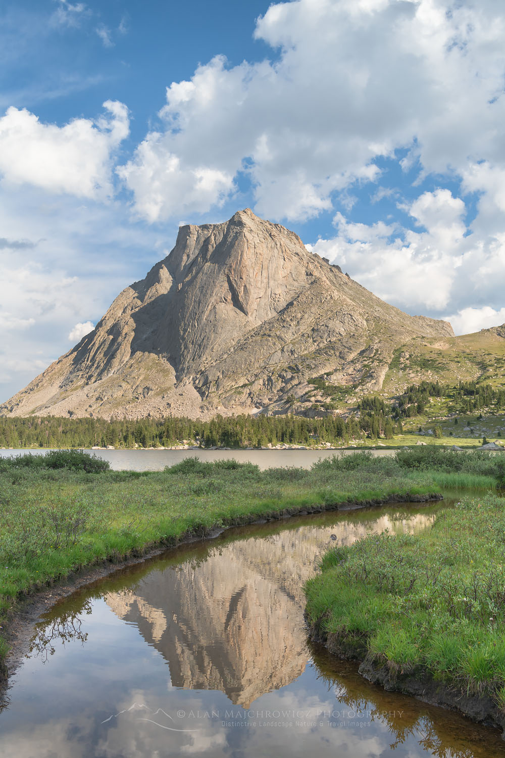 Mitchell Peak reflected in stream flowing into Lonesome Lake in Cirque of the Towers, Popo Agie Wilderness Wind River Range Wyoming #78320