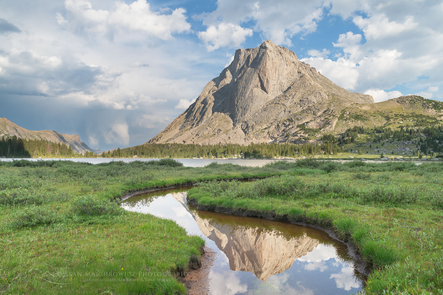 Mitchell Peak reflected in stream flowing into Lonesome Lake in Cirque of the Towers, Popo Agie Wilderness Wind River Range Wyoming #78322