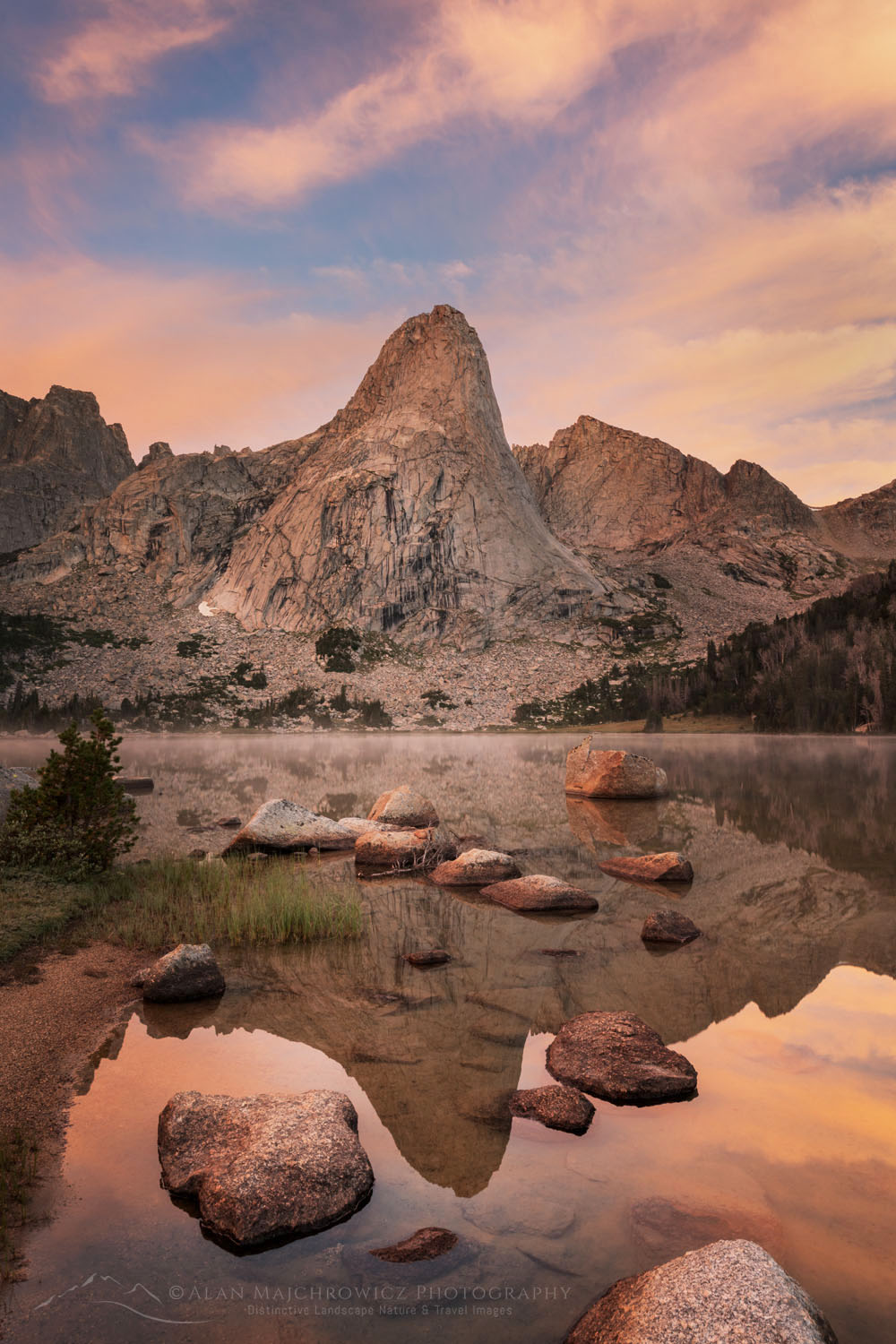 Pingora Peak reflected in Lonesome Lake at dawn. Popo Agie Wilderness, Wind River Range Wyoming #78386