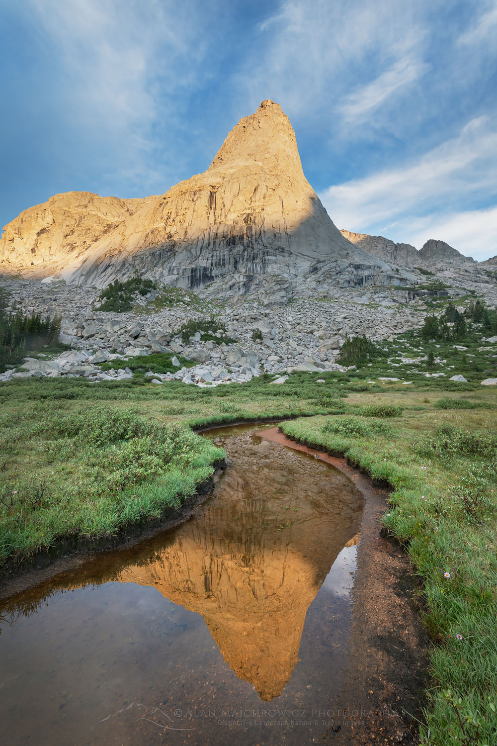 Pingora Peak reflected in stream flowing into Lonesome Lake, Popo Agie Wilderness Wind River Range Wyoming #78434