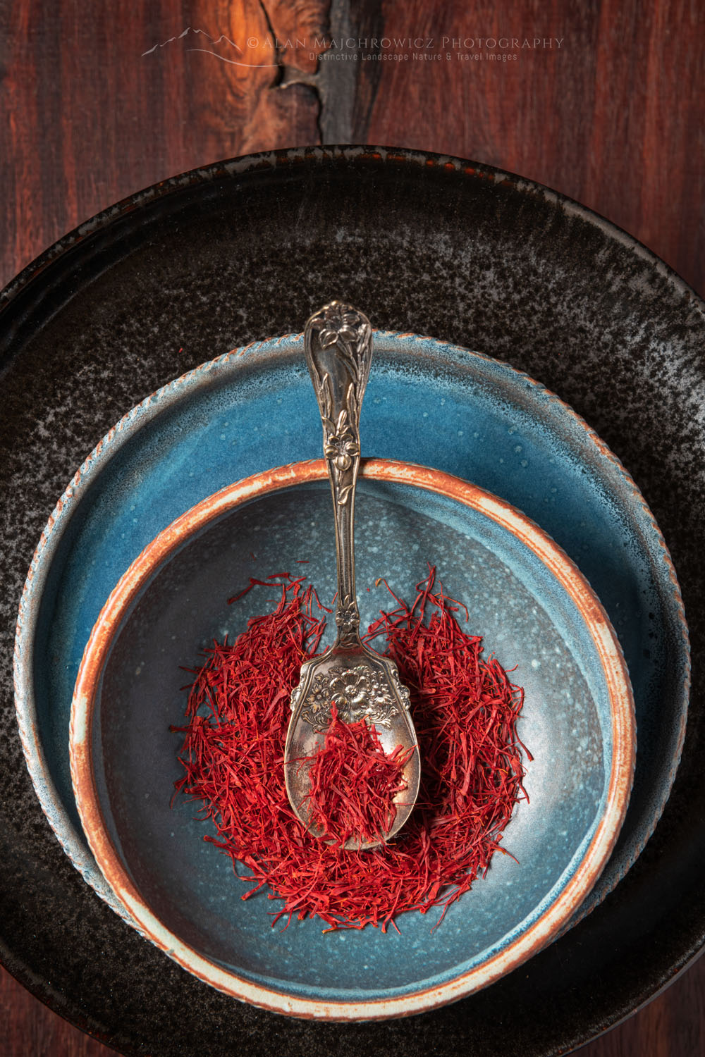 Saffron threads on stoneware with antique spoon #79037