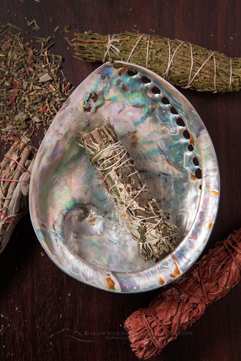New Age spirtual still life with sage smudge sticks and abalone shell #78993