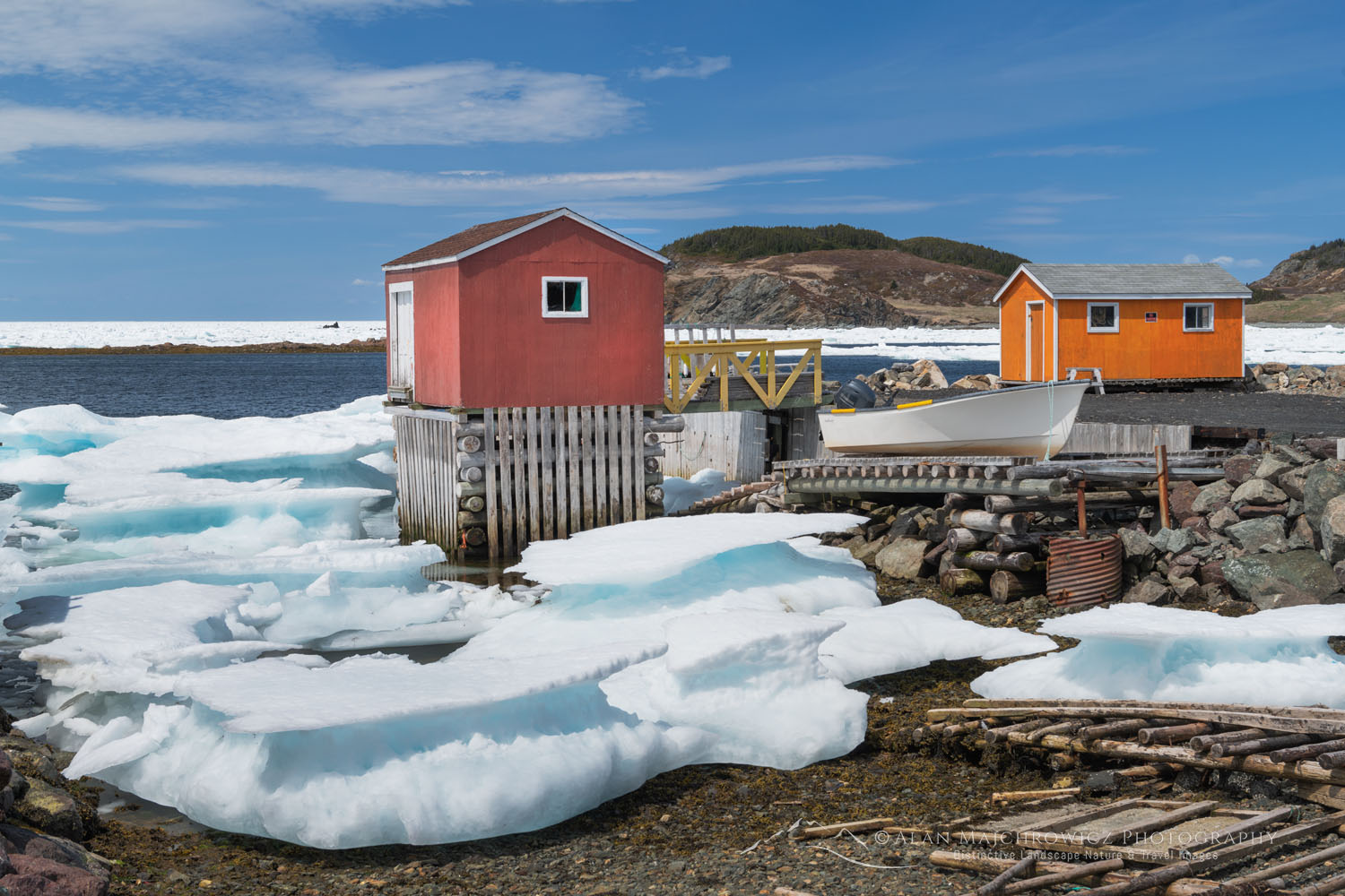 Red and orange Fishing Stages near Twillingate, Newfoundland and Labrador Canada #79960