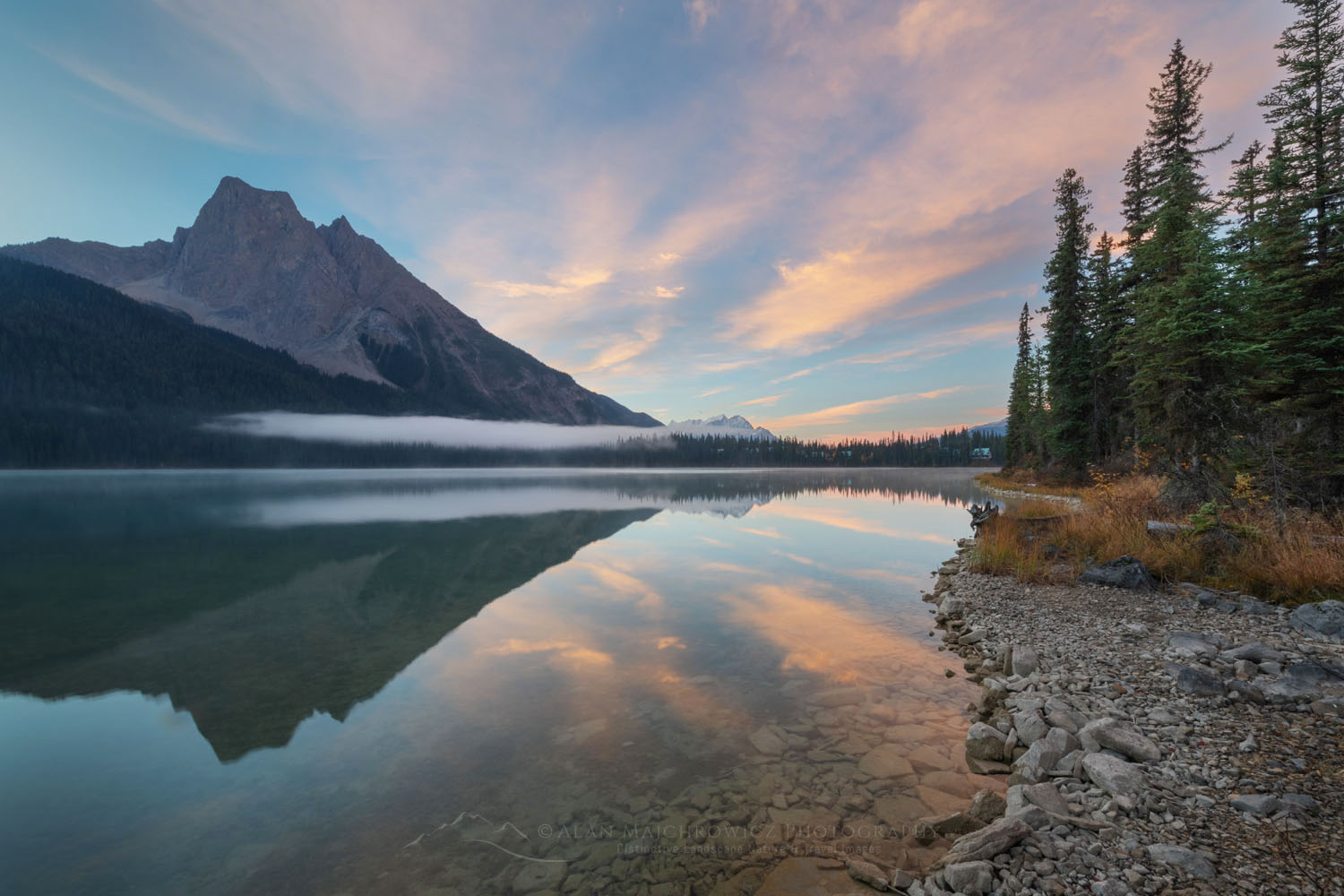 Alpenglow and Mount Burgess are reflected in the still waters of Emerald Lake in the Canadian Rockies. Yoho National Park British Columbia Canada #81758
