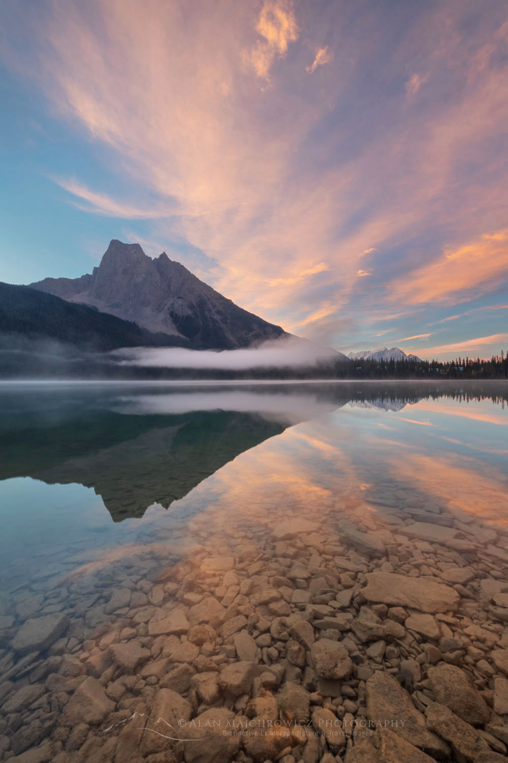 Alpenglow and Mount Burgess are reflected in the still waters of Emerald Lake in the Canadian Rockies. Yoho National Park British Columbia Canada #81757