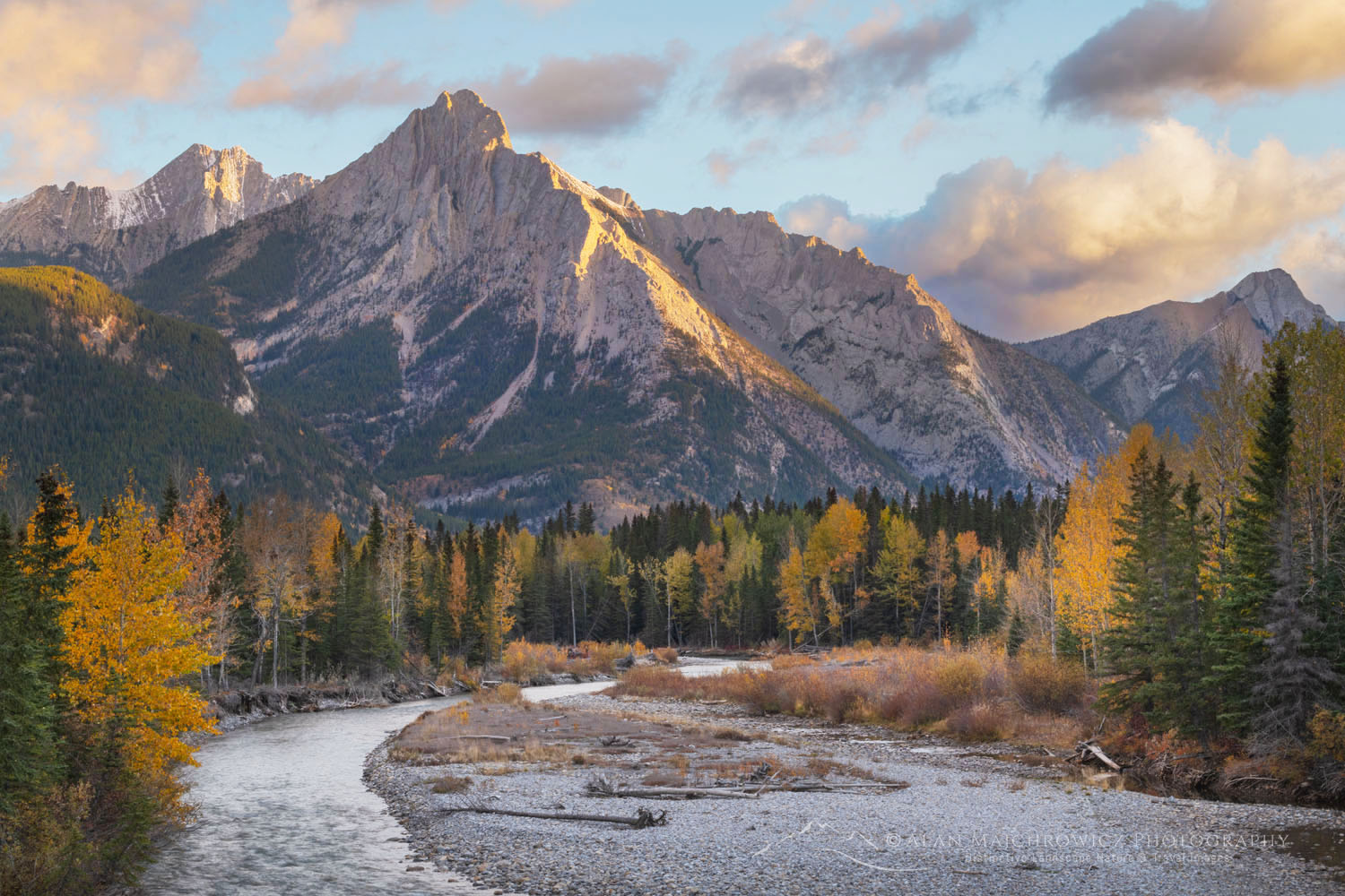 Kananaskis River and Mount Lorette at sunrise with fall foliage. Kananaskis Country in the Canadian Rockies Alberta Canada #81485
