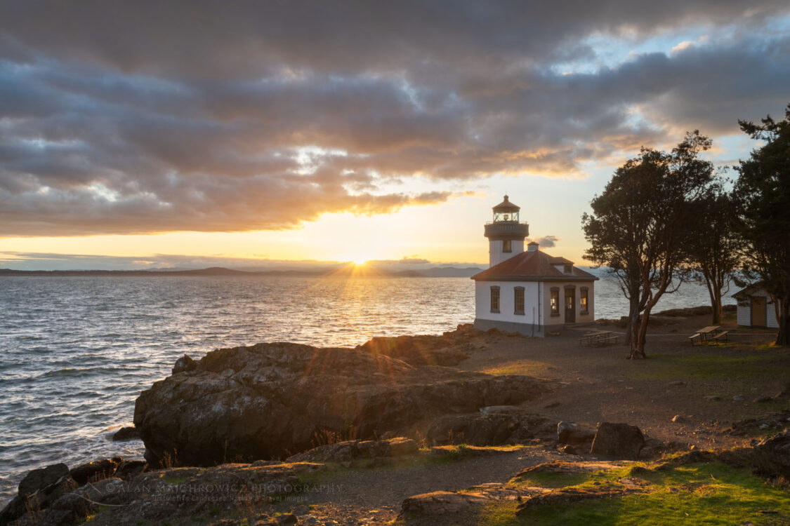 Sunset over Lime Kiln Lighthouse and Haro Strait. Lime Kiln Point State Park San Juan Island Washington #79304