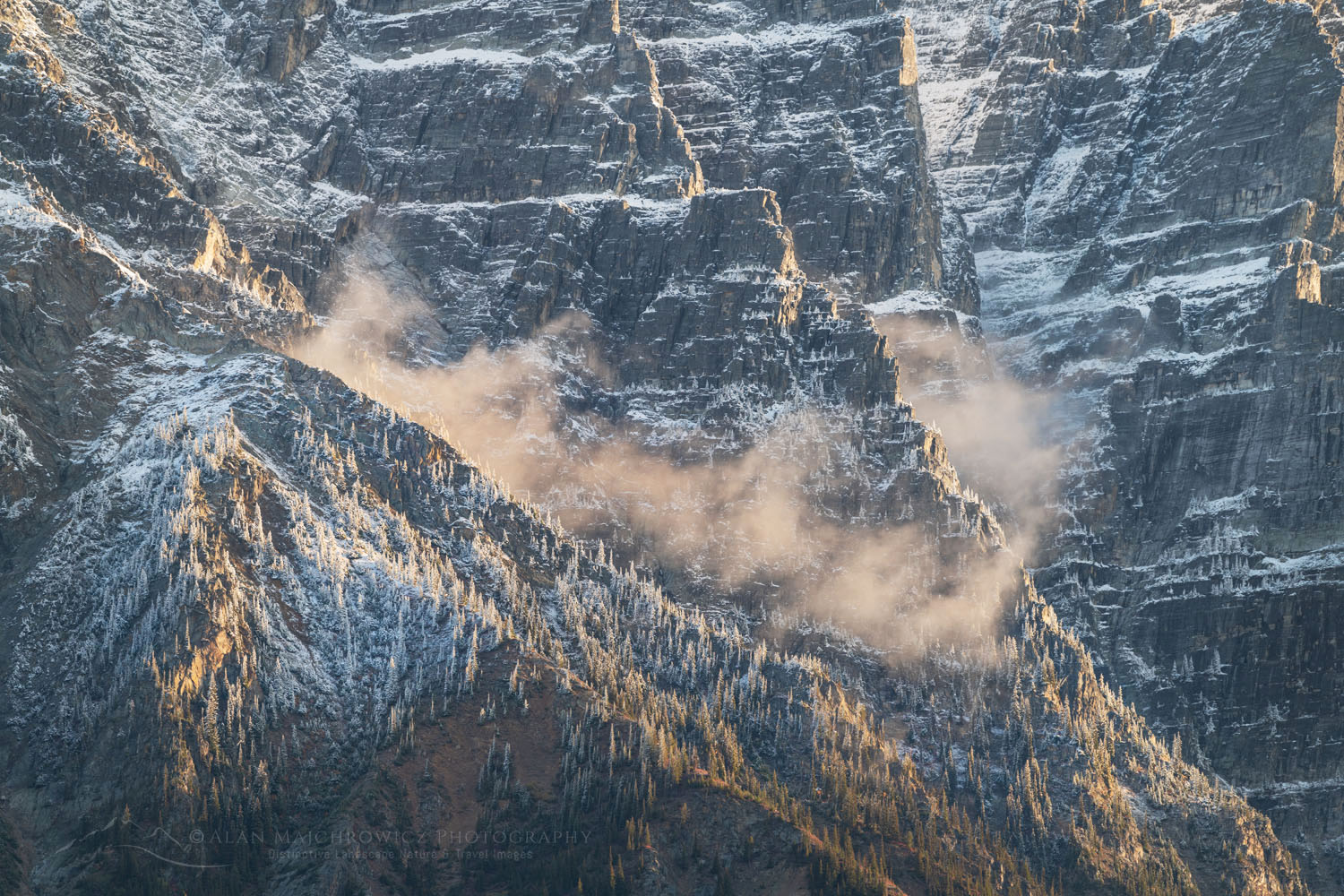 Mount Tupper shrouded in clouds and fog. Seen from Rogers Pass in the Selkirk Mountains. Glacier National Park British Columbia Canada #81278
