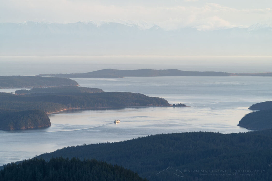 View of San Juan Islands and ferry boat from Mount Constitution on Orcas Island. Washington #79093