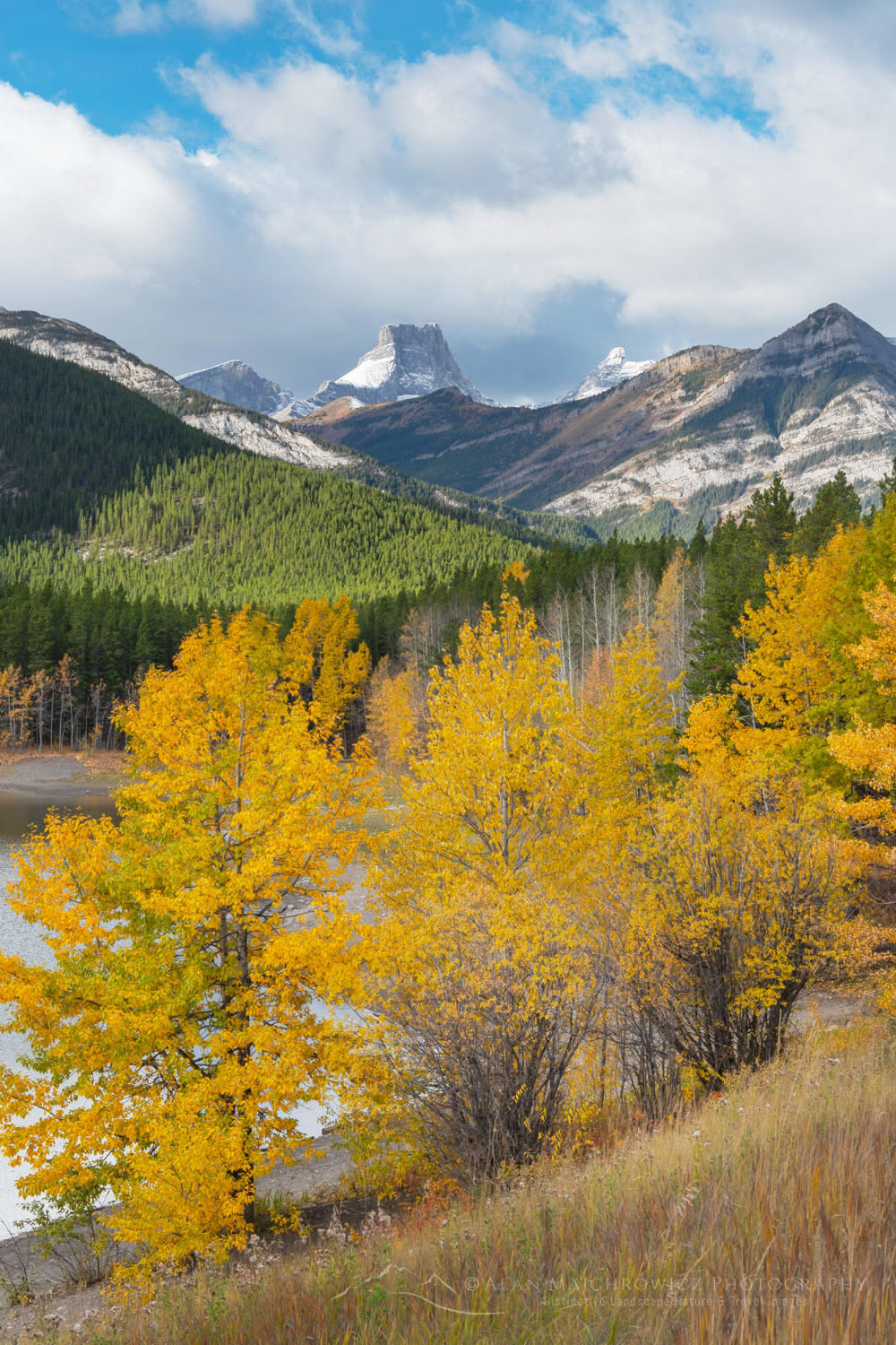 Wedge Pond is surrounded by aspens and cottonwood trees in golden fall foliage. Kananaskis Country in the Canadian Rockies Alberta Canada #81527