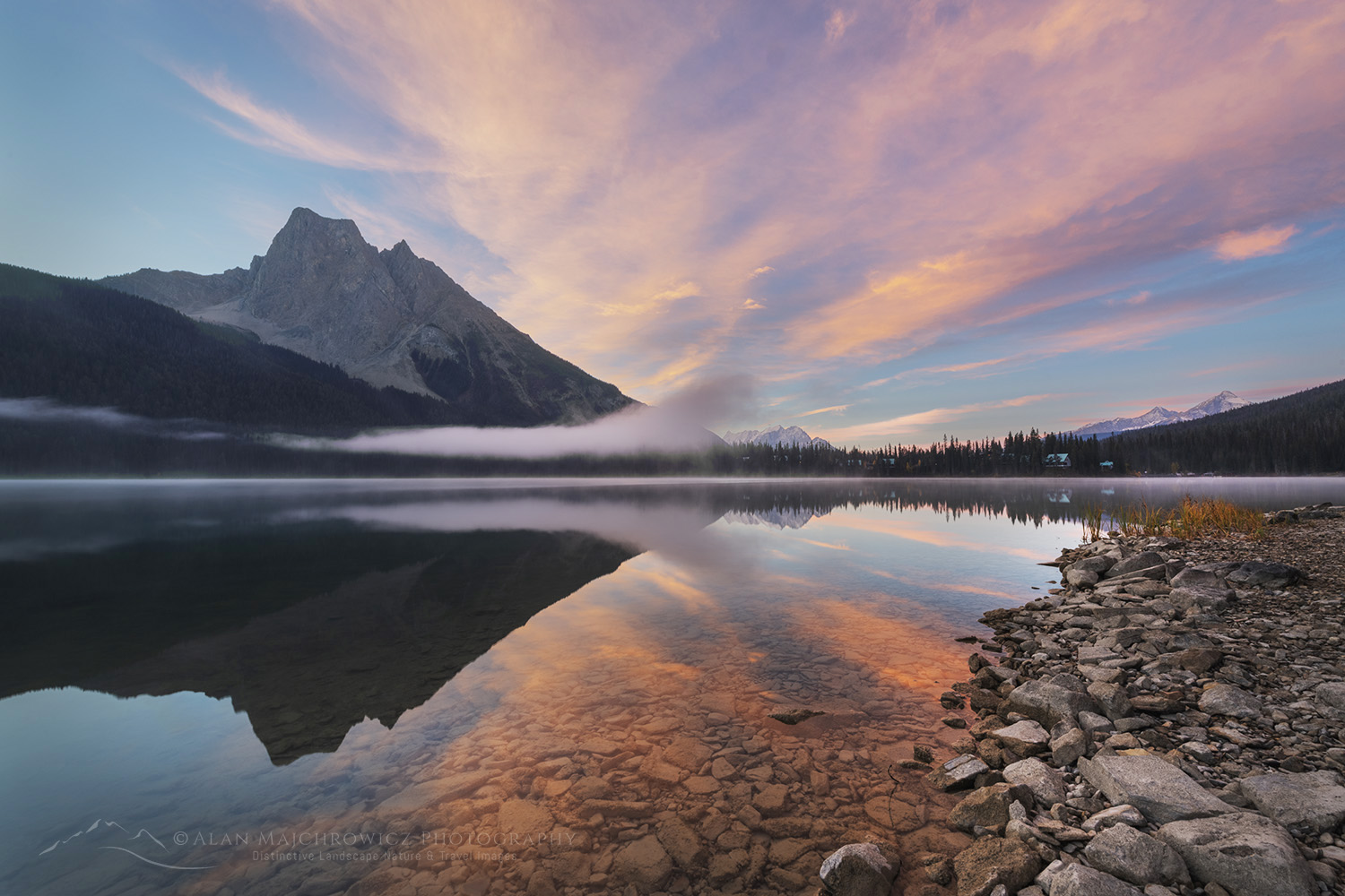 Alpenglow and Mount Burgess reflected in still waters of Emerald Lake in the Canadian Rockies. Yoho National Park British Columbia Canada #81754