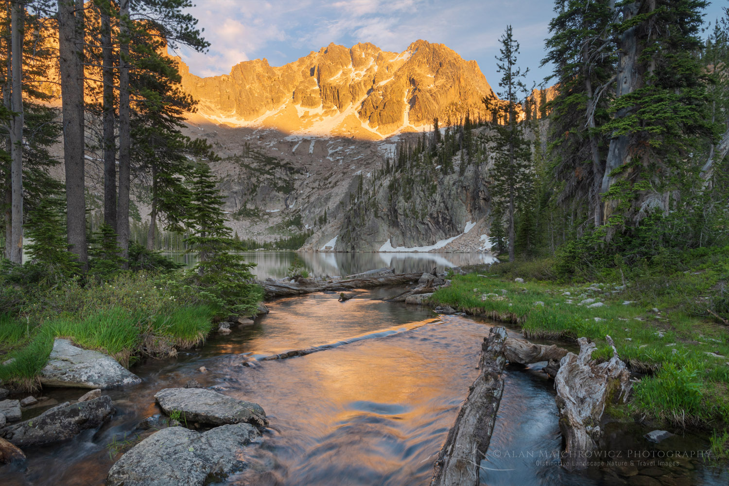 Sevy Peak seen from the outlet stream of Upper Cramer Lake. Sawtooth Wilderness, Idaho #83636b