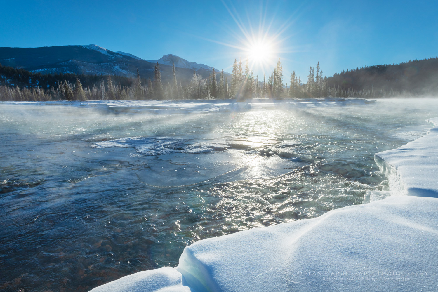 Sunrise over Athabasca River in winter Jasper National Park Alberta Canada #82031