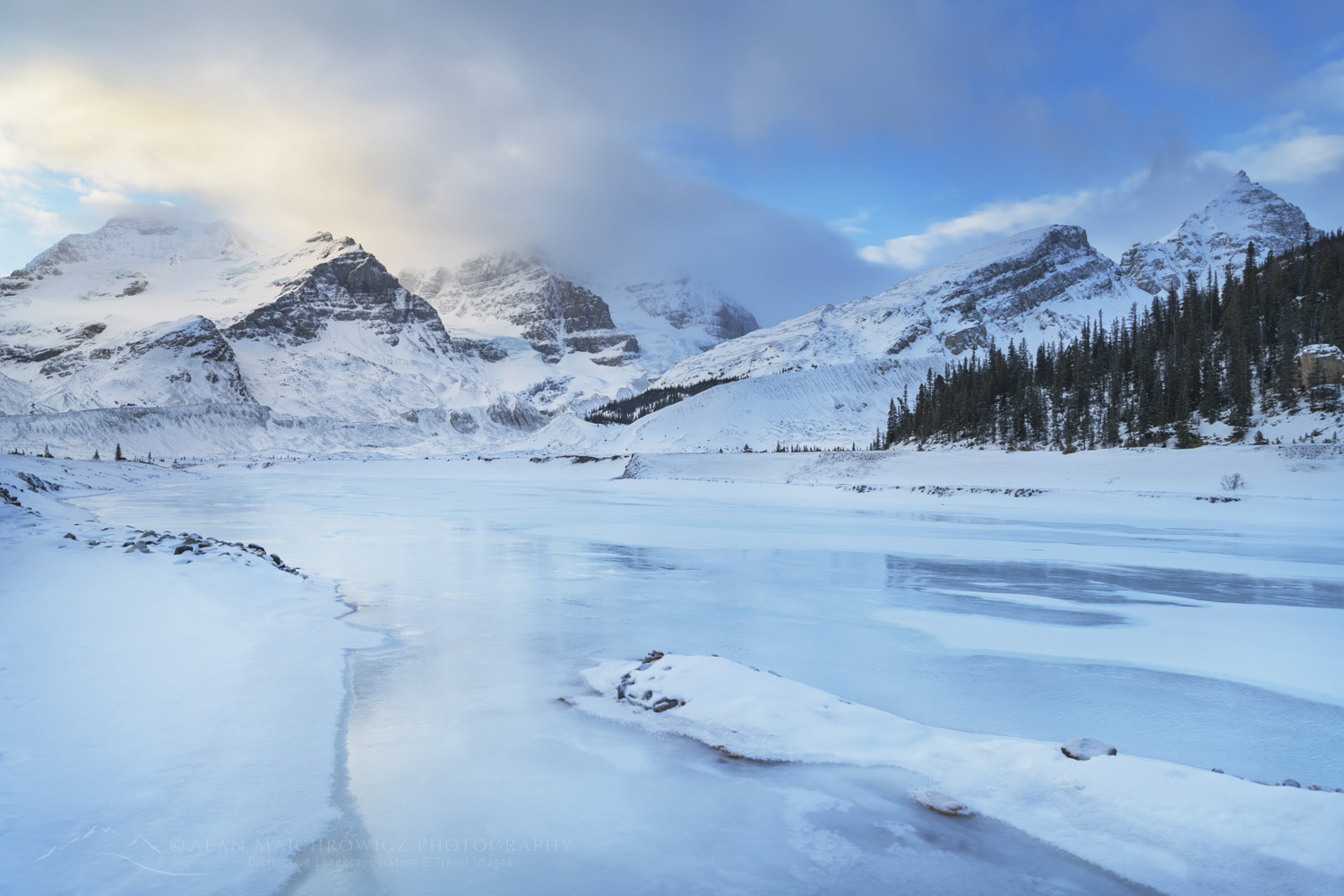 Athabasca River in winter. Mount Andromeda and Mount Athabasca are in the distance. Jasper National Park, Alberta Canada #82182