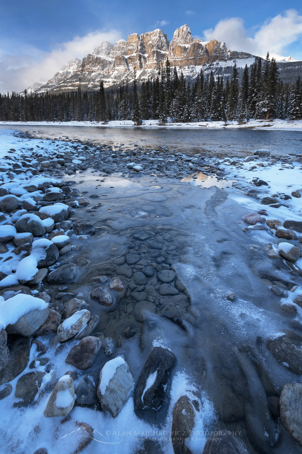 Castle Mountain and Bow River in winter. Banff National Park Alberta Canada #82446