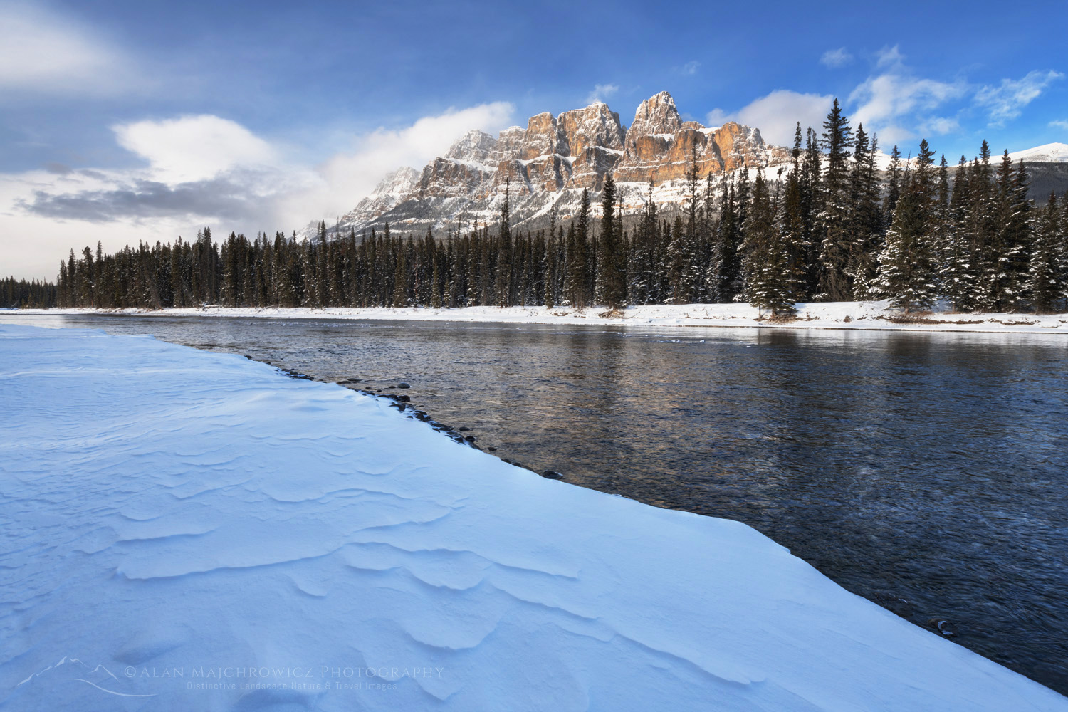 Castle Mountain and Bow River in winter. Banff National Park Alberta Canada #82454