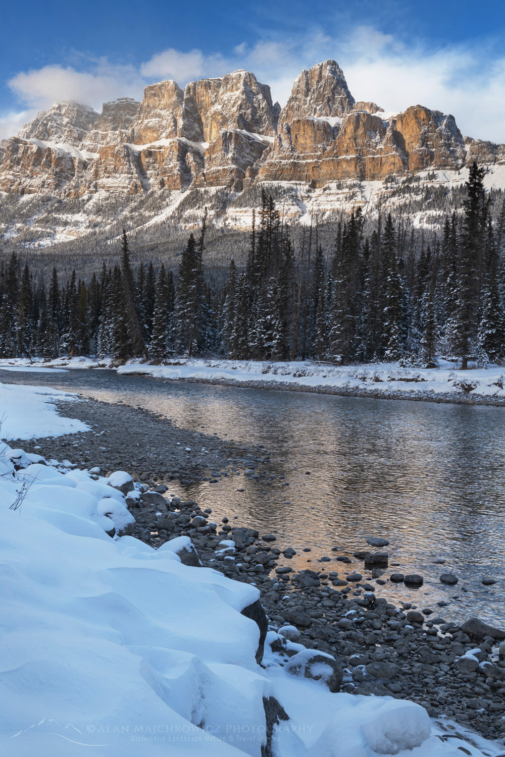 Castle Mountain and Bow River in winter. Banff National Park Alberta Canada #82487