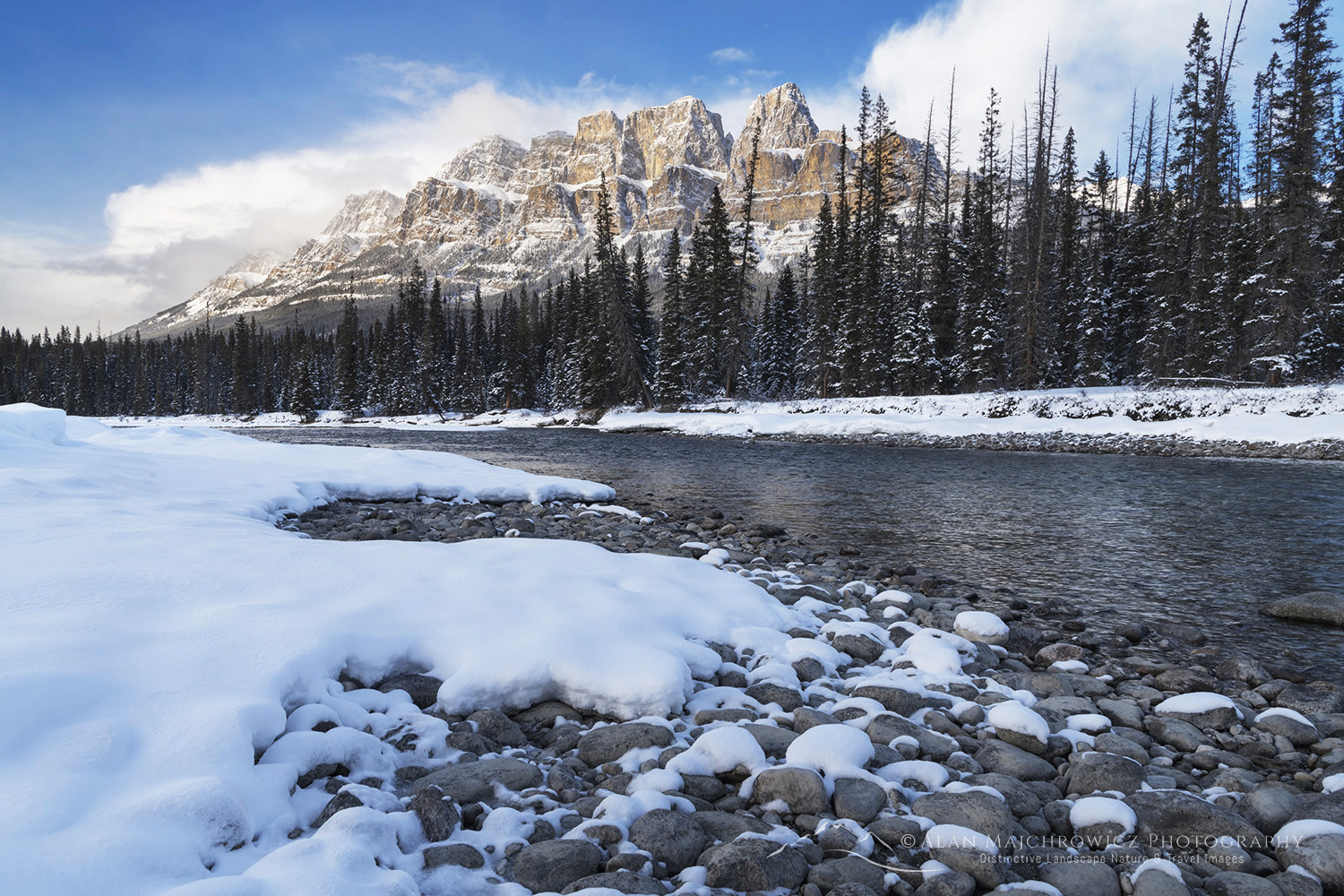 Castle Mountain and Bow River in winter. Banff National Park Alberta Canada #82480