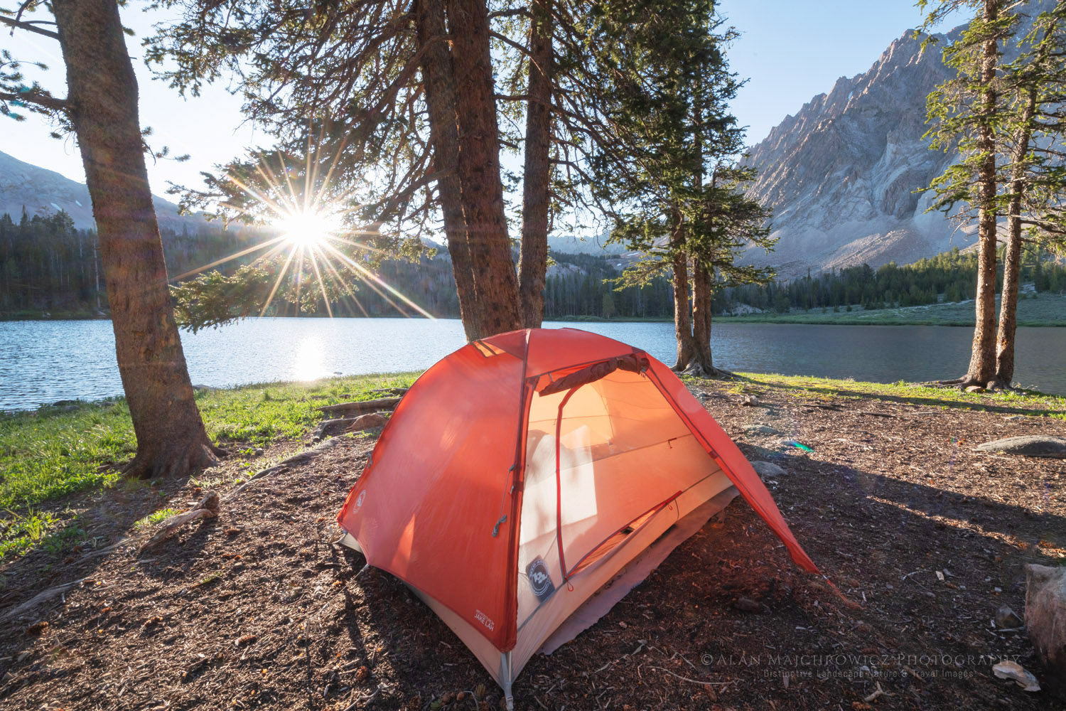 Red tent set up at Chamberlain Lake backcountry camp. White Clouds Wilderness, Idaho #83781