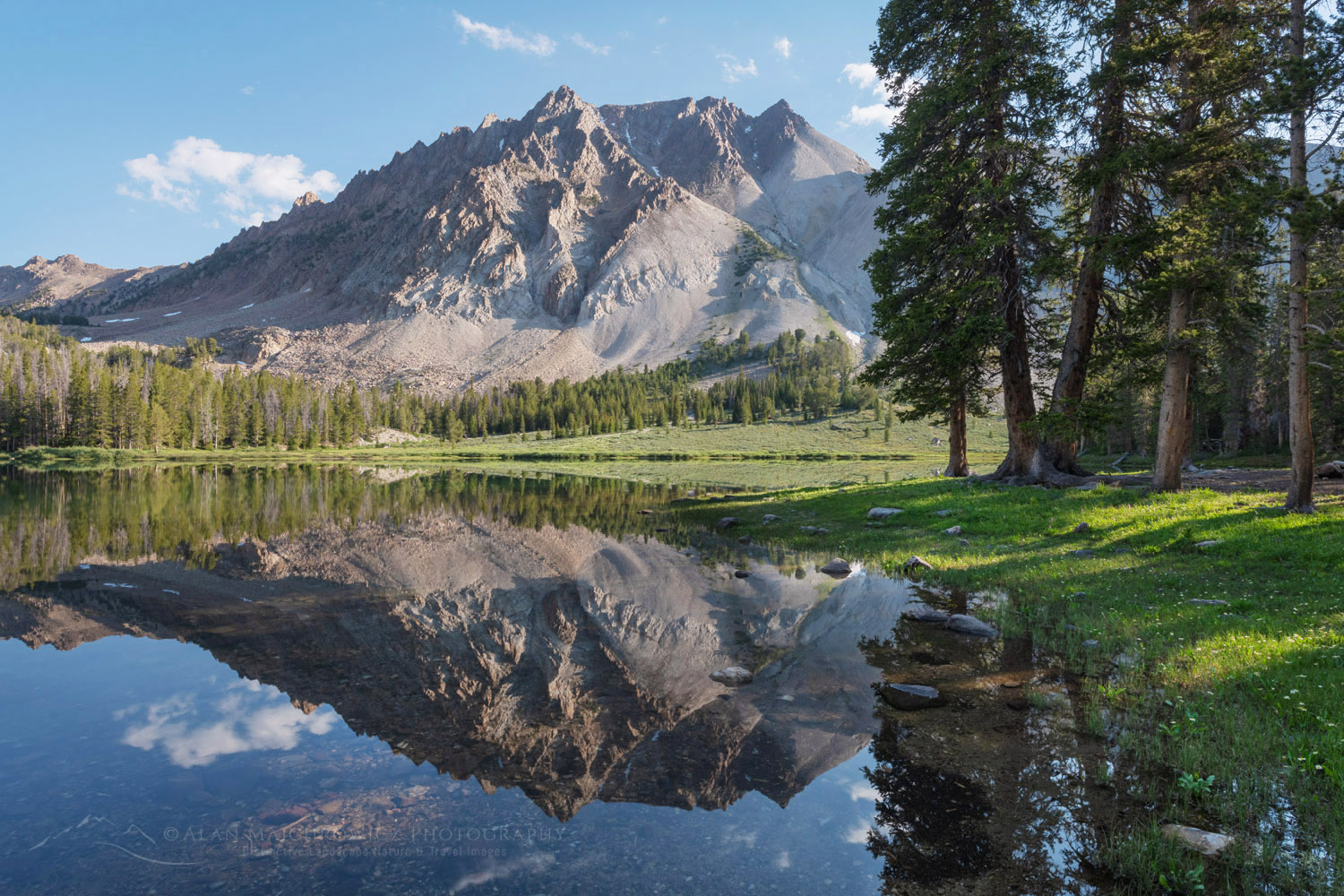 Castle Peak reflected in the still waters of Chamberlain Lake, White Clouds Wilderness, Idaho #83802