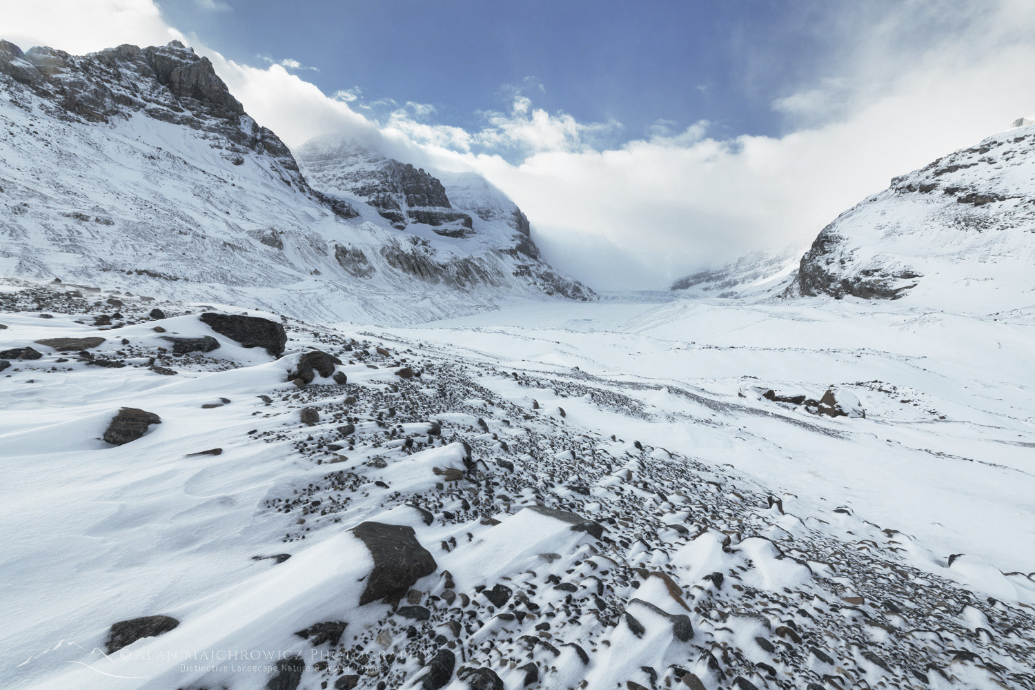Windswept terminal moraine of Athabasca Glacier in winter Mount Andromeda and Athabasca Glacier are in the distance. Jasper National Park Alberta Canada #82241
