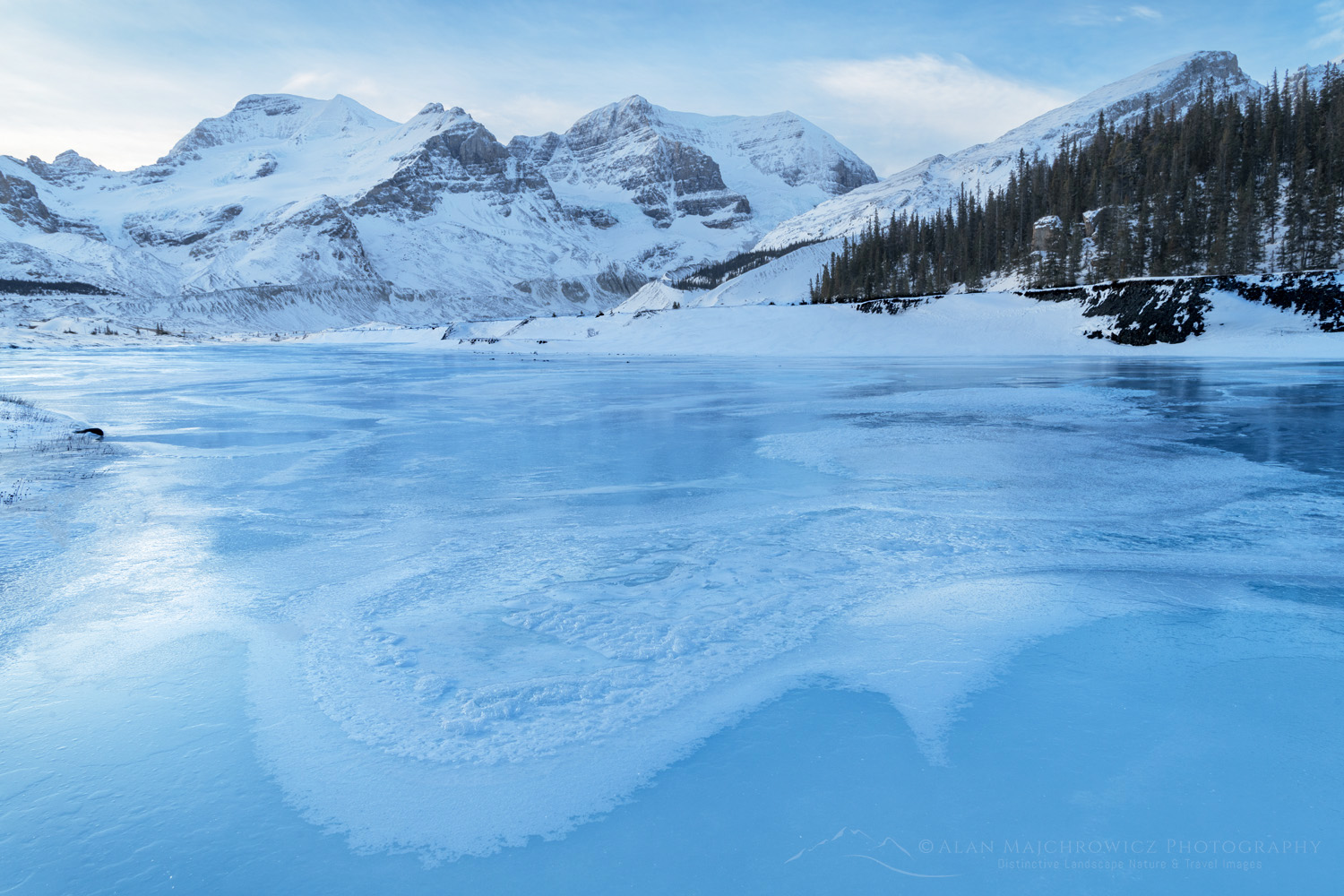 Athabasca River, Mount Athabasca, and Mount Andromeda in winter, seen from Icefields Parkway. Jasper National Park Alberta Canada #82289