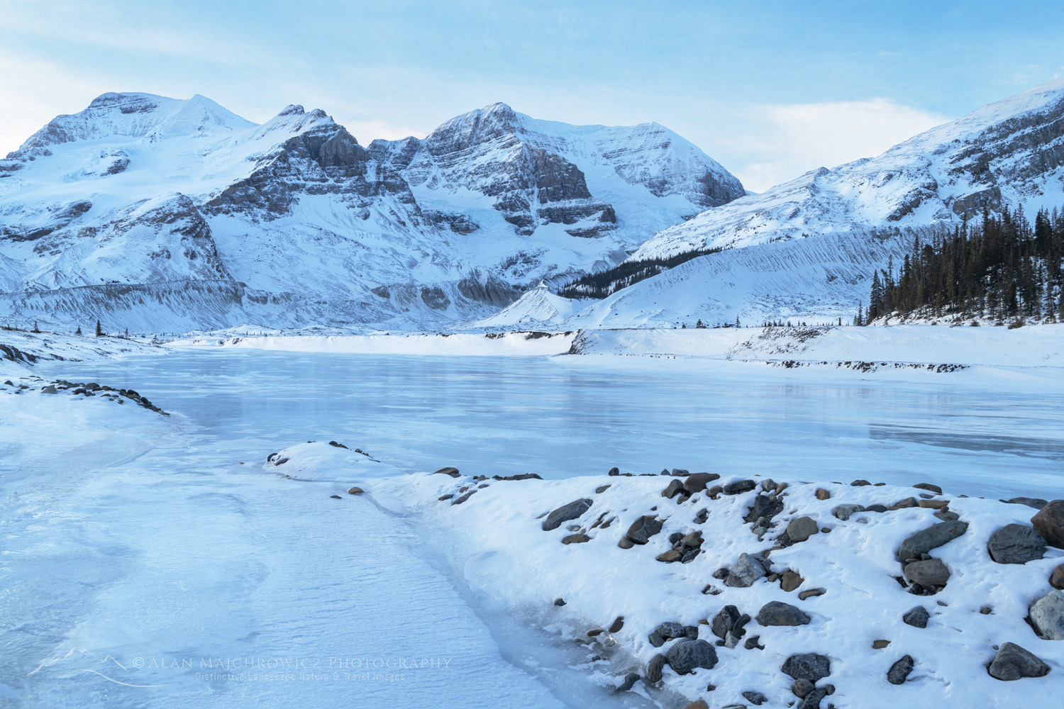 Athabasca River, Mount Athabasca, and Mount Andromeda in winter, seen from Icefields Parkway. Jasper National Park Alberta Canada #82298