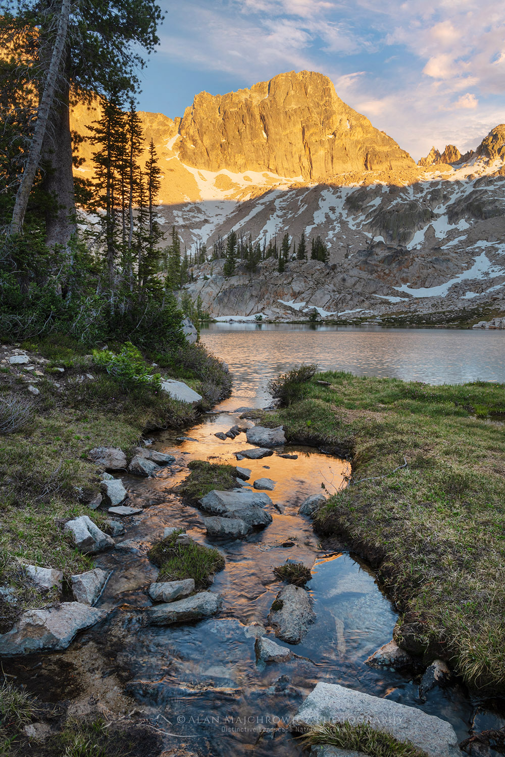 Sevy Peak seen from the outlet stream of Upper Cramer Lake. Sawtooth Wilderness, Idaho #83700