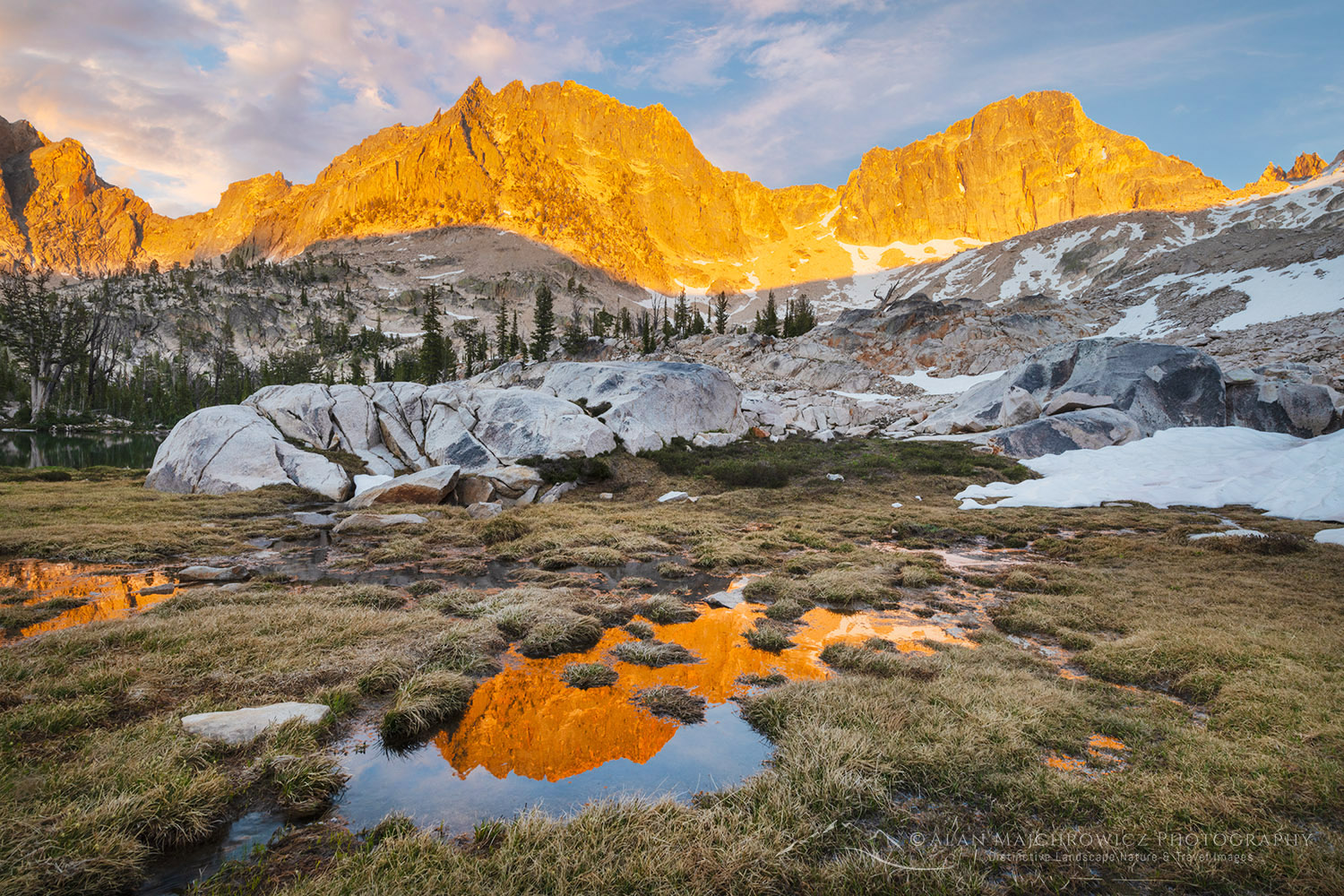 Golden light of sunset on peaks of Upper Cramer Basin Sawtooth Wilderness, Idaho #83707