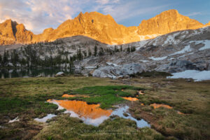 Golden light of sunset on peaks of Upper Cramer Basin Sawtooth Wilderness, Idaho #83704