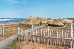 Reconstructed colony of L’Anse aux Meadows National Historic Site. Sitting at the tip of the Great Northern Peninsula of the island of Newfoundland, the remains of an 11th-century Viking settlement are evidence of the first European presence in North America #80153