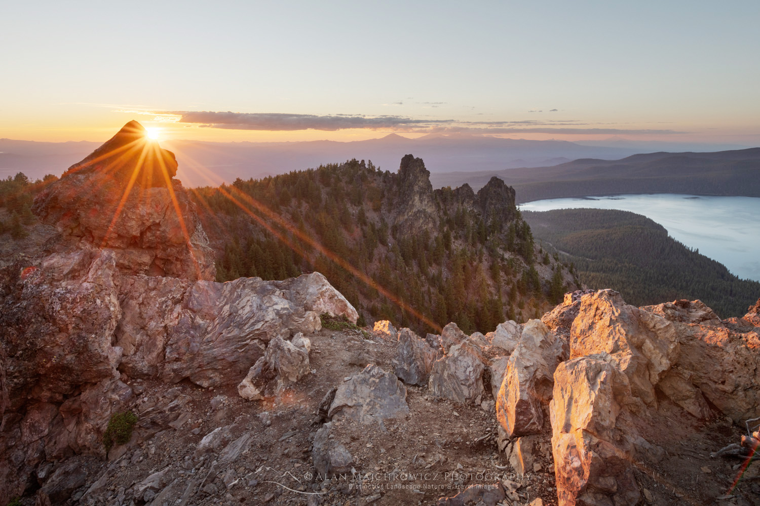 Sunset over Paulina Lake and Cascade Range seen from Paulina Peak overlook. Newberry National Volcanic Monument, Oregon #83982