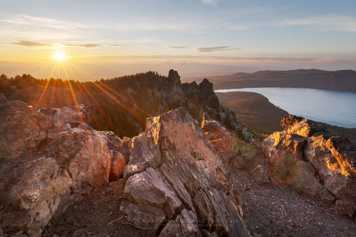 Sunset over Paulina Lake and Cascade Range seen from Paulina Peak overlook. Newberry National Volcanic Monument, Oregon #84003