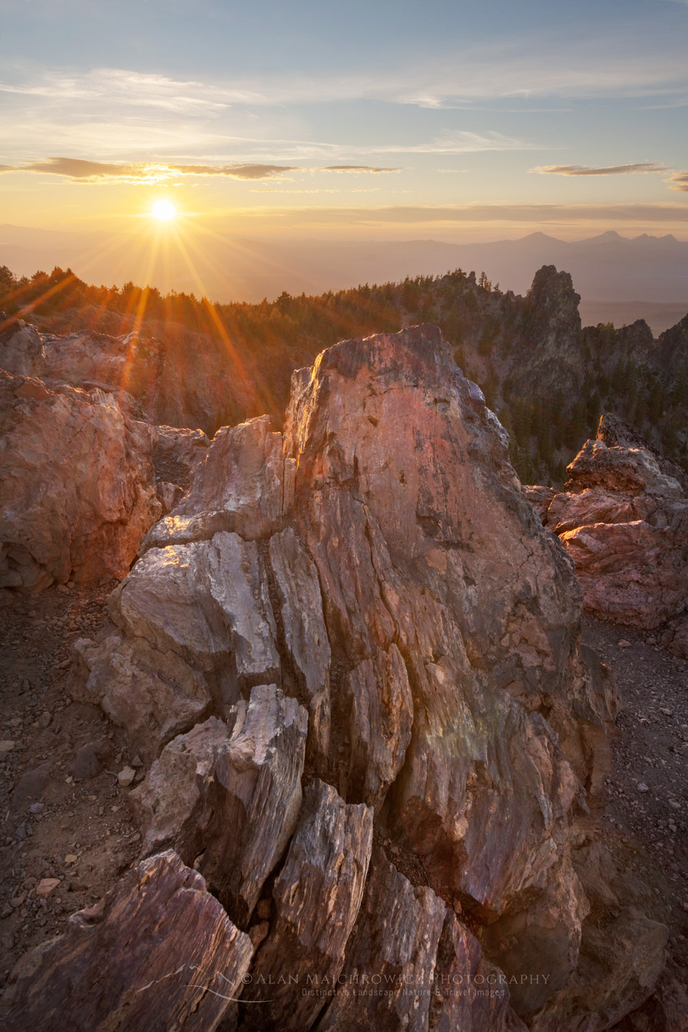 Sunset over Paulina Lake and Cascade Range seen from Paulina Peak overlook. Newberry National Volcanic Monument, Oregon #84034