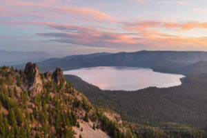 Dramatic sunrise sky over Paulina Lake and the Cascade Range seen from Paulina Peak overlook. Newberry National Volcanic Monument, Oregon #84062