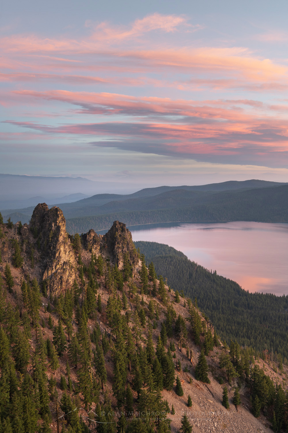 Dramatic sunrise sky over Paulina Lake and Cascade Range seen from Paulina Peak overlook. Newberry National Volcanic Monument, Oregon #84065