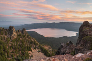 Dramatic sunrise sky over Paulina Lake and the Cascade Range seen from Paulina Peak overlook. Newberry National Volcanic Monument, Oregon #84068