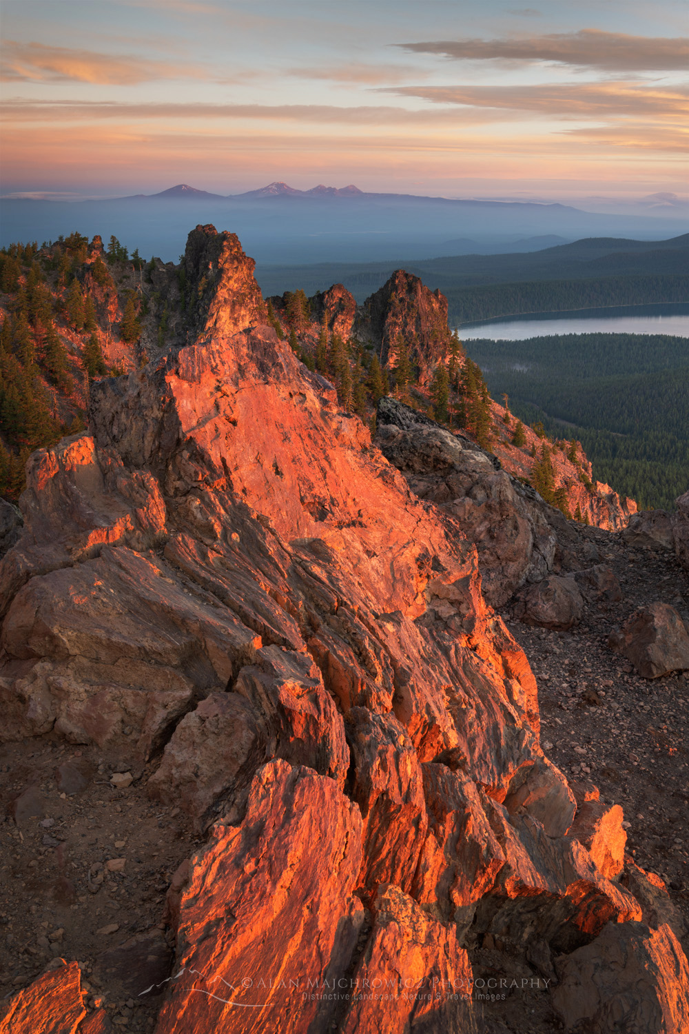 Dramatic sunrise sky over Paulina Lake and Cascade Range seen from Paulina Peak overlook. Newberry National Volcanic Monument, Oregon #84082