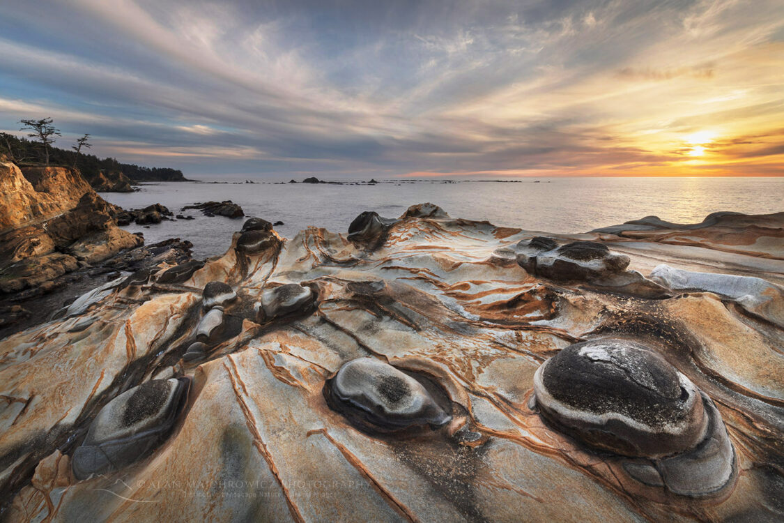 Sunset over Mineral concretions on cliffs of Shore Acres State Park Oregon #82976