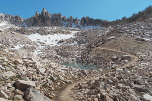 The Temple and trail to Cramer Divide in upper Cramer Basin. Sawtooth Mountains Idaho #83722
