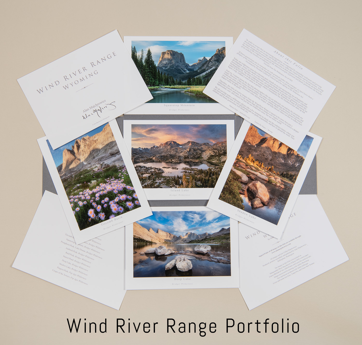 Wind River Range Fine Art Portfolio 12 5x7 fine art prints. Island Lake, Titcomb Basin, Cirque of the Towers. Deep Lake, Squaretop Mountain and more