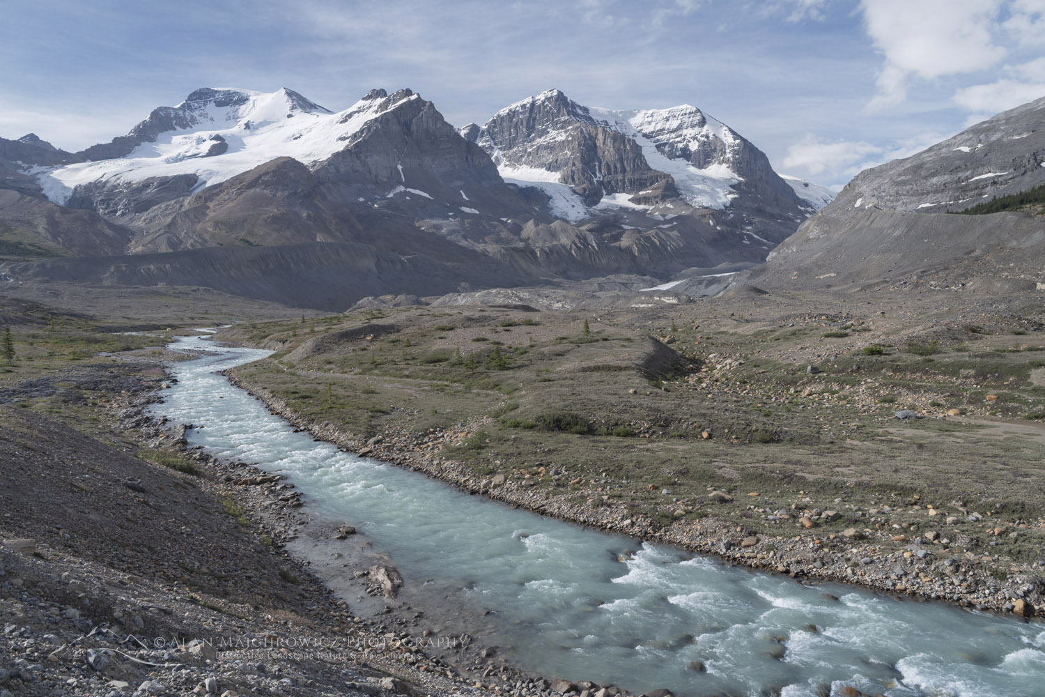 Athabasca River, Mount Athabasca, and Mount Andromeda. Seen from Icefields Parkway. Jasper National Park Alberta Canada #86663
