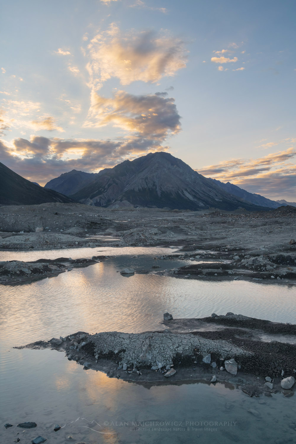 Sunset at the toe of the Kaskawulsh Glacier. Ä’äy Chù (Slim's River) West, Kluane National Park, Yukon #86755