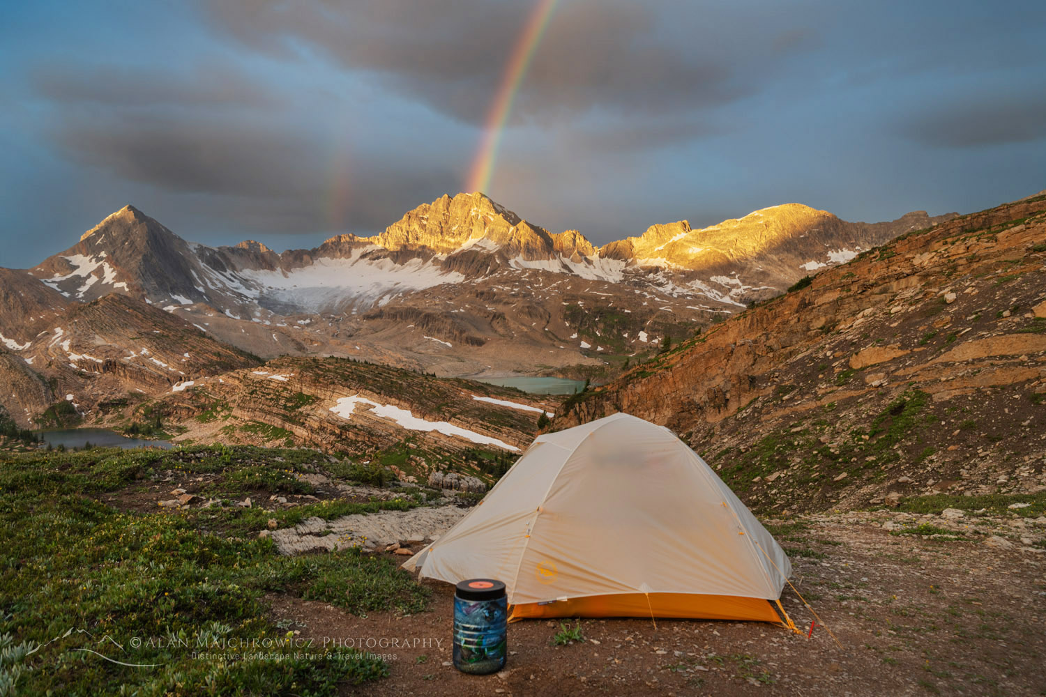 Sunrise rainbow over backcountry camp at Limestone Lakes Basin. Height of the Rockies Provincial Park, British Columbia #86465