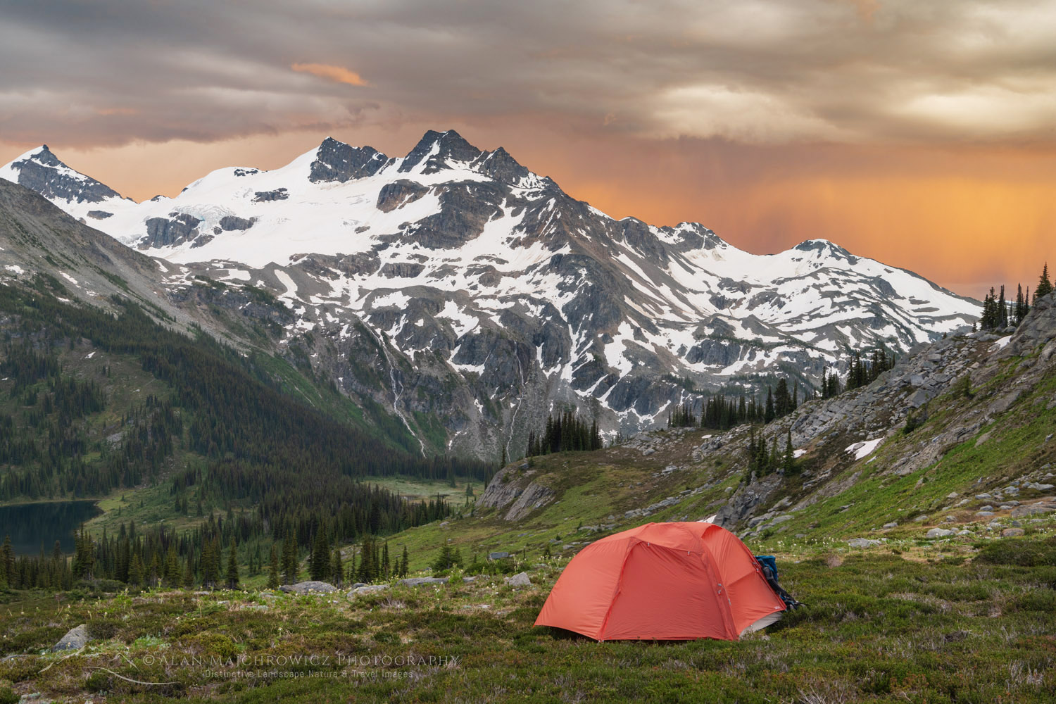 Backcountry camp on Silent Mountain. Twin Towers, Cony Peak, and Spillimacheen Glacier are in the distance. Purcell Mountains, British Columbia #86298
