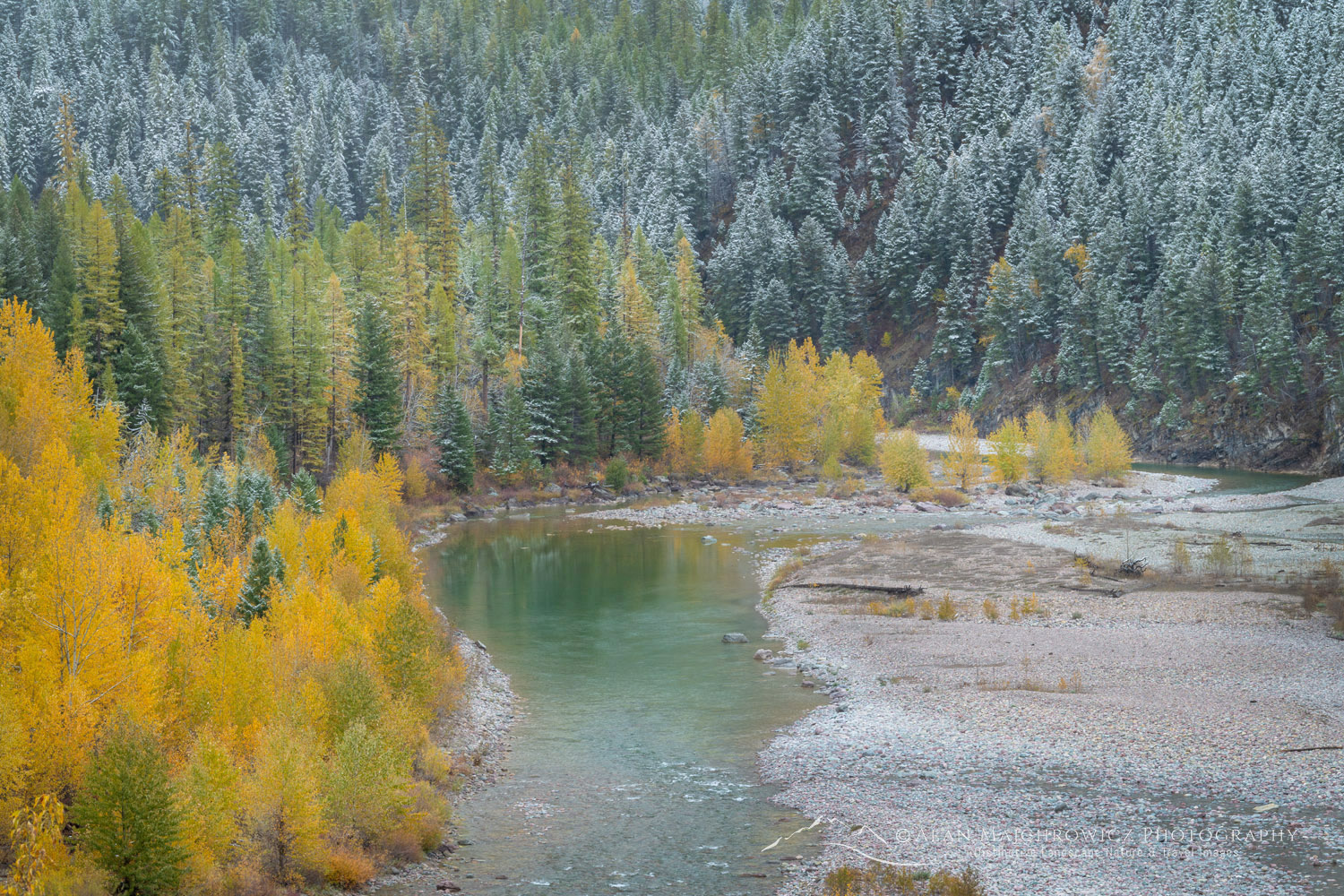 Autumn snow along the Middle Fork Flathead River. Glacier National Park, Montana