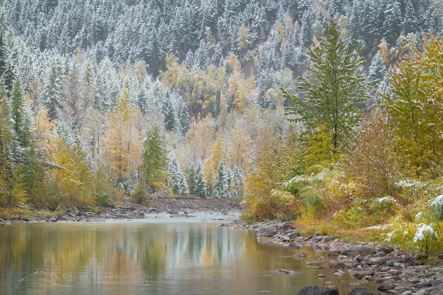 Autumn snow along the Middle Fork Flathead River. Glacier National Park, Montana