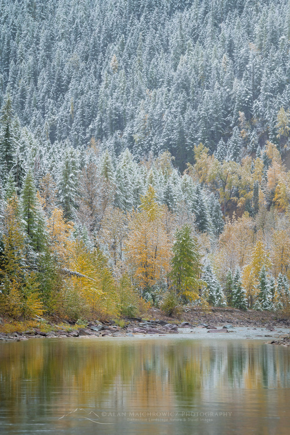 Autumn snow along the Middle Fork Flathead River. Glacier National Park, Montana